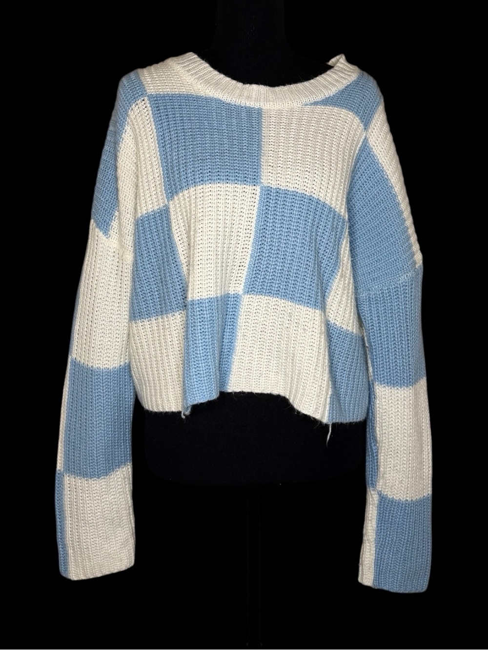 moon & madison Blue and Cream Checkerboard Cropped Sweater